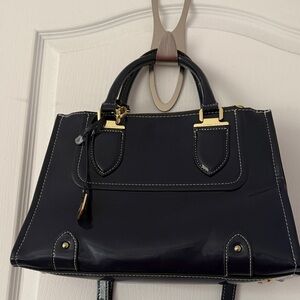 Elegant Navy Blue Patent Satchel Bag – Structured Top Handle + Crossbody Strap